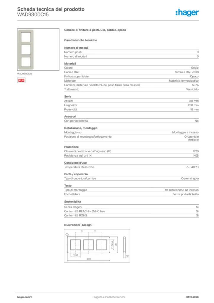 Immagine Hager Scheda tecnica del prodotto WAD9300C15 | Hager Italia