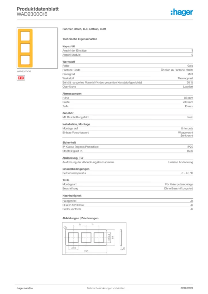 Bild Hager Produktdatenblatt WAD9300C16 | Hager Deutschland