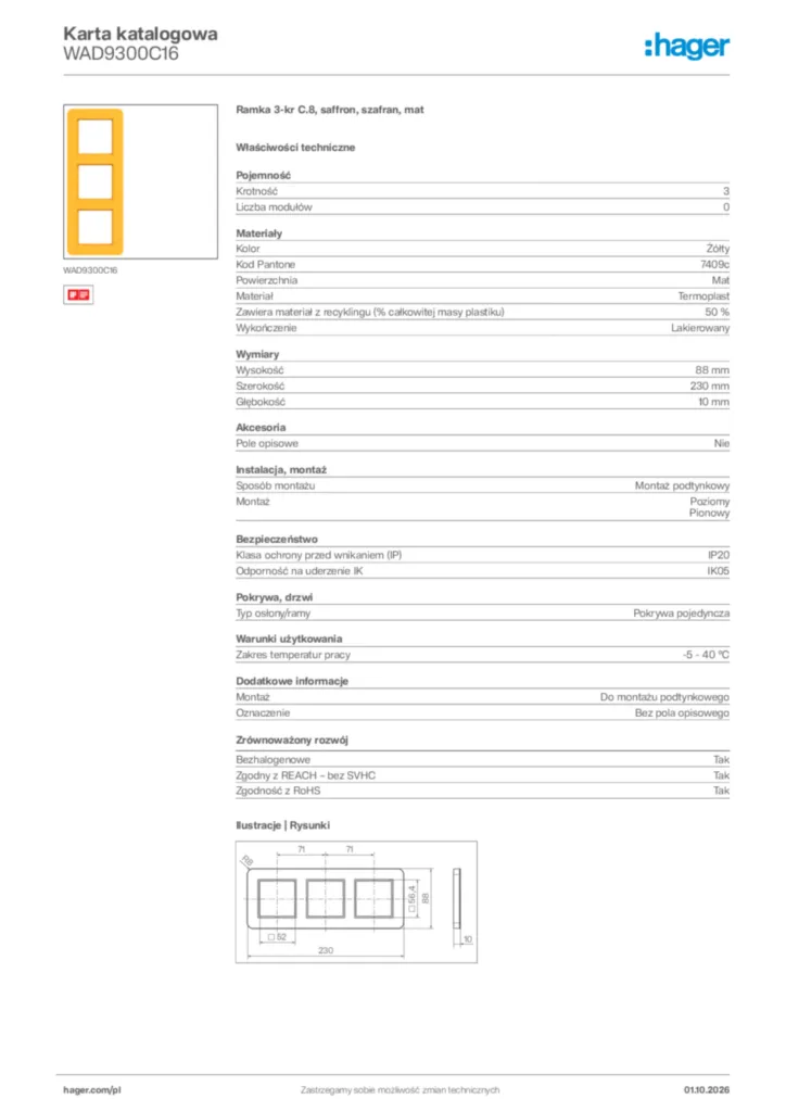 Zdjęcie Hager Karta katalogowa WAD9300C16 | Hager Polska