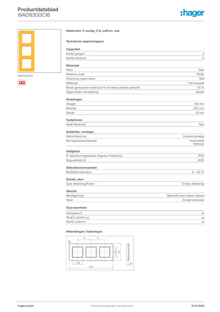 Afbeelding Hager Productdatablad WAD9300C16 | Hager Nederland