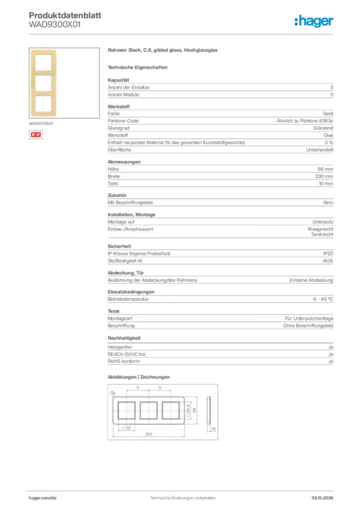 Bild Hager Produktdatenblatt WAD9300X01 | Hager Deutschland