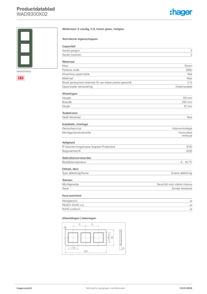 Afbeelding Hager Productdatablad WAD9300X02 | Hager Nederland