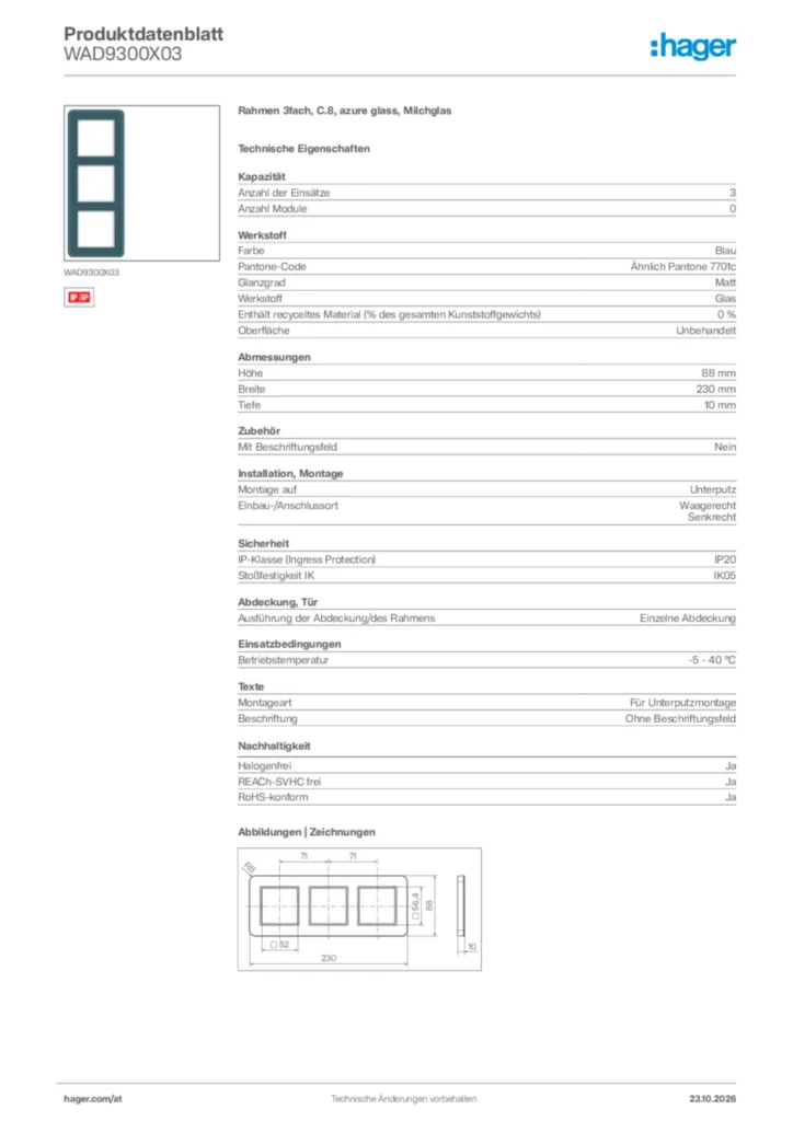 Bild Hager Produktdatenblatt WAD9300X03 | Hager Deutschland