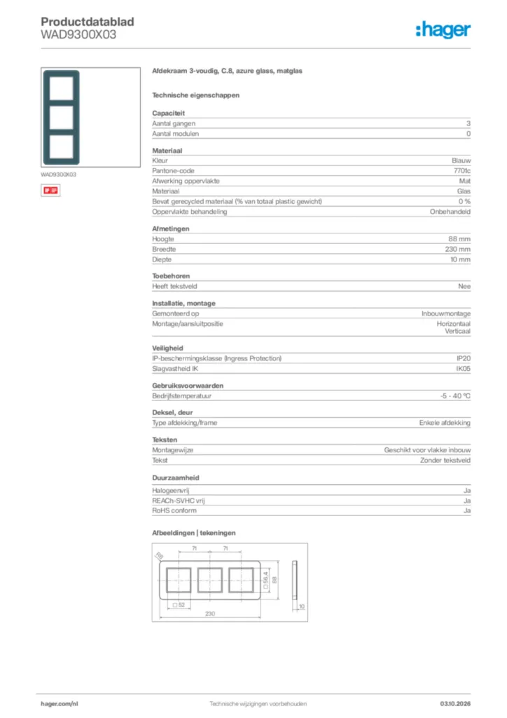 Afbeelding Hager Productdatablad WAD9300X03 | Hager Nederland