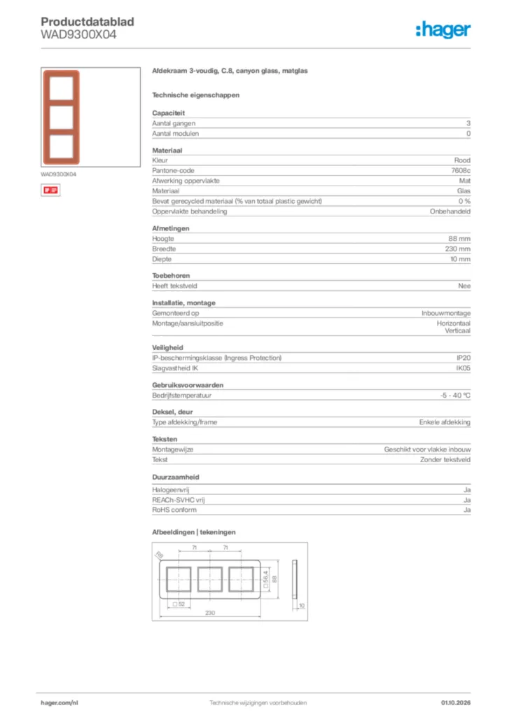 Afbeelding Hager Productdatablad WAD9300X04 | Hager Nederland
