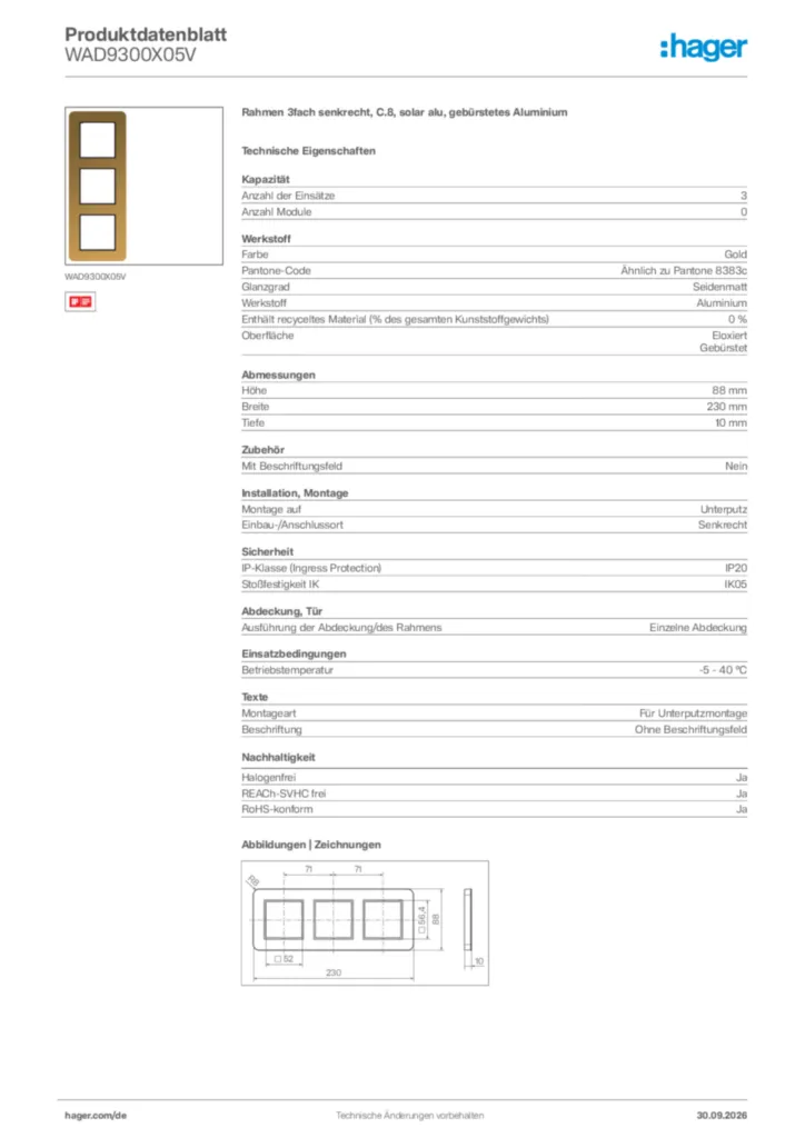 Bild Hager Produktdatenblatt WAD9300X05V | Hager Deutschland