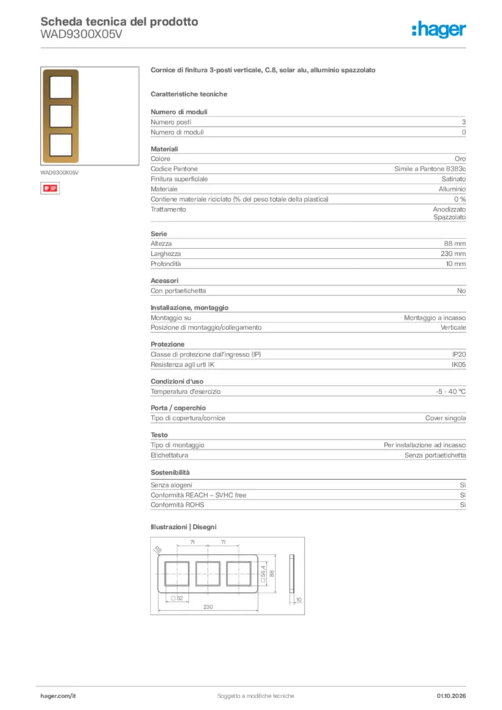 Immagine Hager Scheda tecnica del prodotto WAD9300X05V | Hager Italia