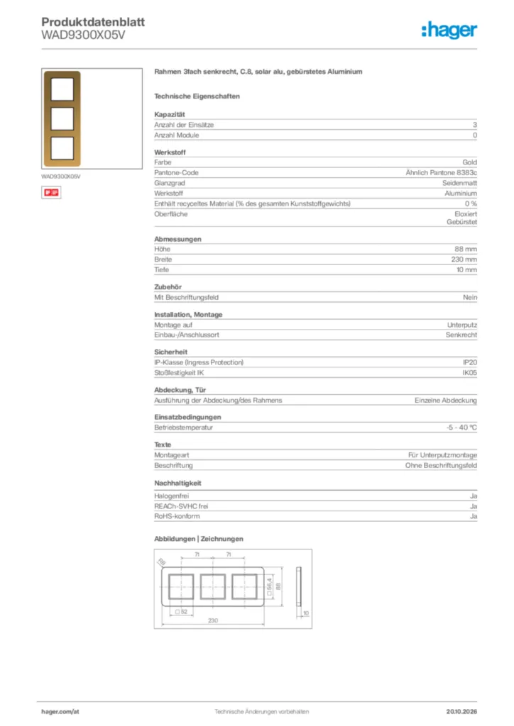 Bild Hager Produktdatenblatt WAD9300X05V | Hager Deutschland