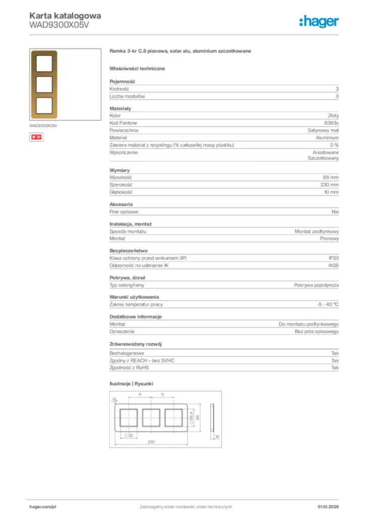 Zdjęcie Hager Karta katalogowa WAD9300X05V | Hager Polska