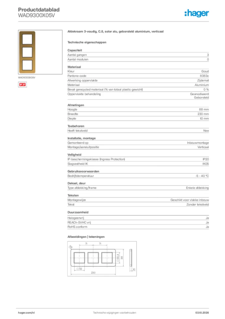 Afbeelding Hager Productdatablad WAD9300X05V | Hager Nederland