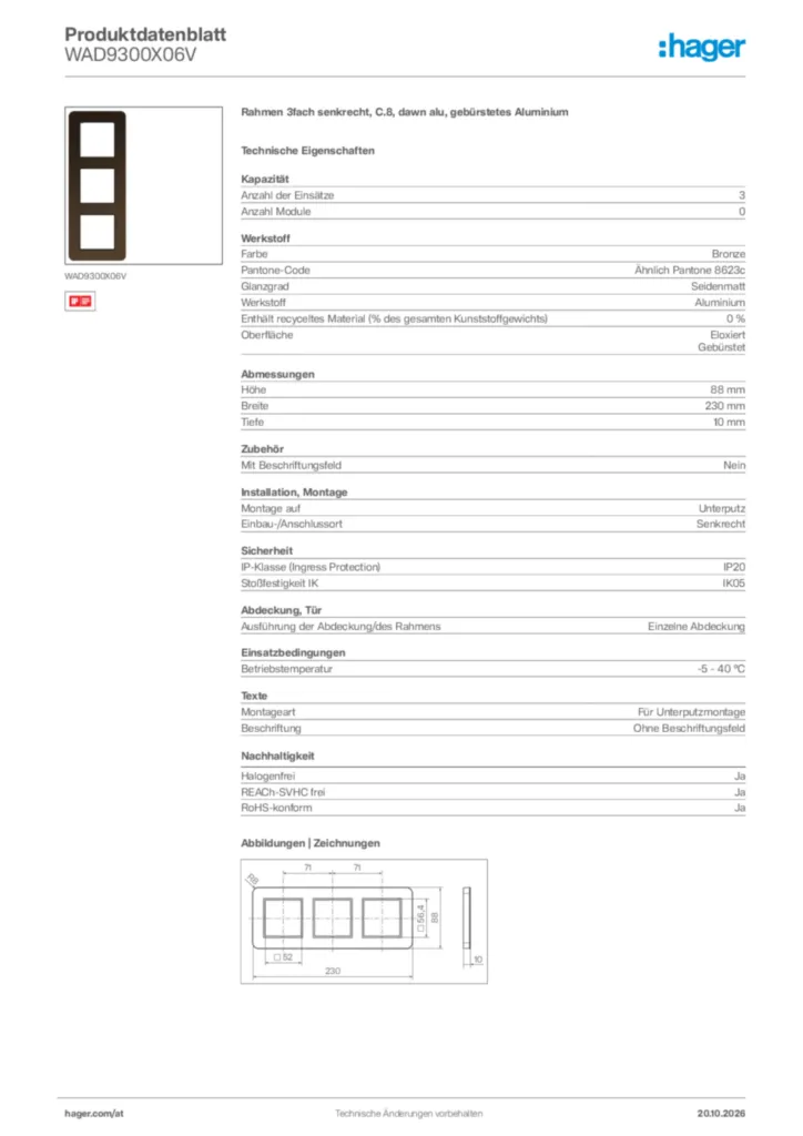 Bild Hager Produktdatenblatt WAD9300X06V | Hager Deutschland