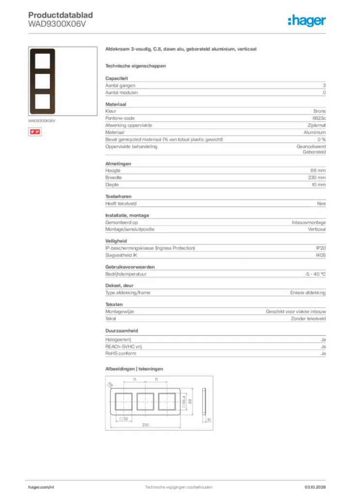 Afbeelding Hager Productdatablad WAD9300X06V | Hager Nederland