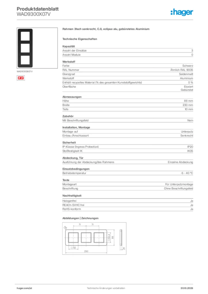 Bild Hager Produktdatenblatt WAD9300X07V | Hager Deutschland