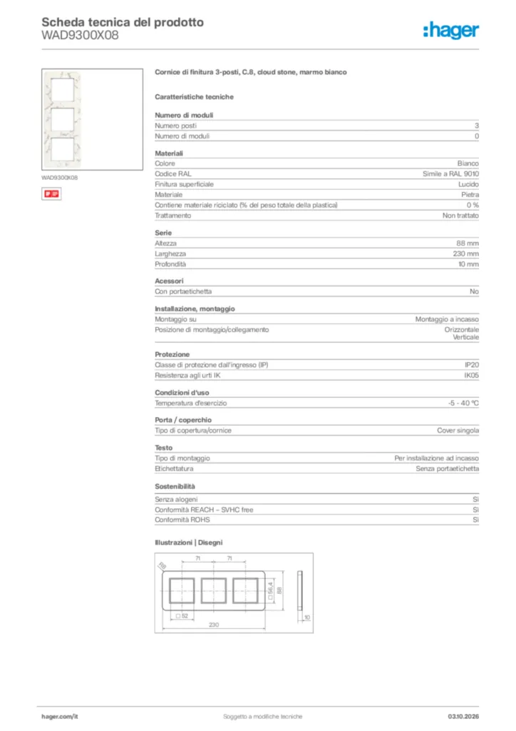 Immagine Hager Scheda tecnica del prodotto WAD9300X08 | Hager Italia