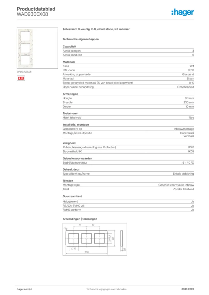 Afbeelding Hager Productdatablad WAD9300X08 | Hager Nederland