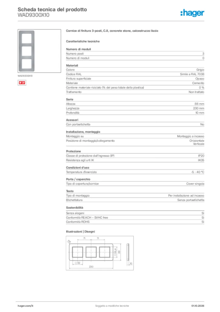 Immagine Hager Scheda tecnica del prodotto WAD9300X10 | Hager Italia