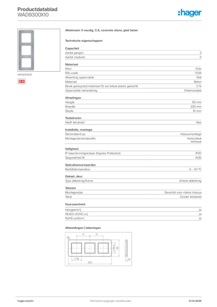 Afbeelding Hager Productdatablad WAD9300X10 | Hager Nederland
