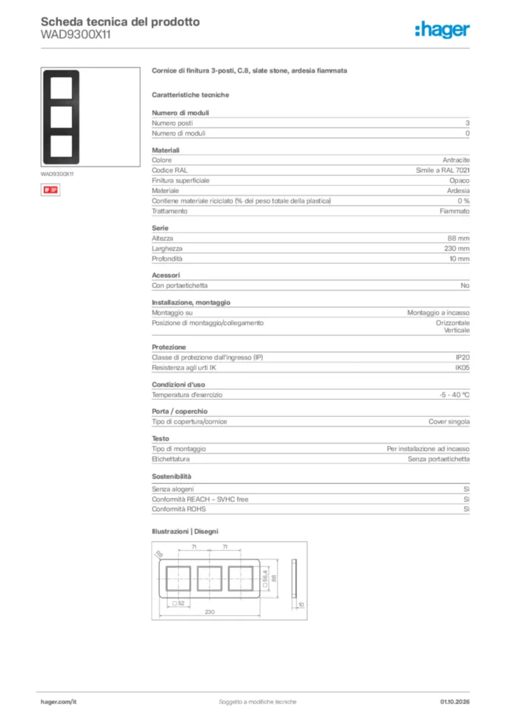 Immagine Hager Scheda tecnica del prodotto WAD9300X11 | Hager Italia
