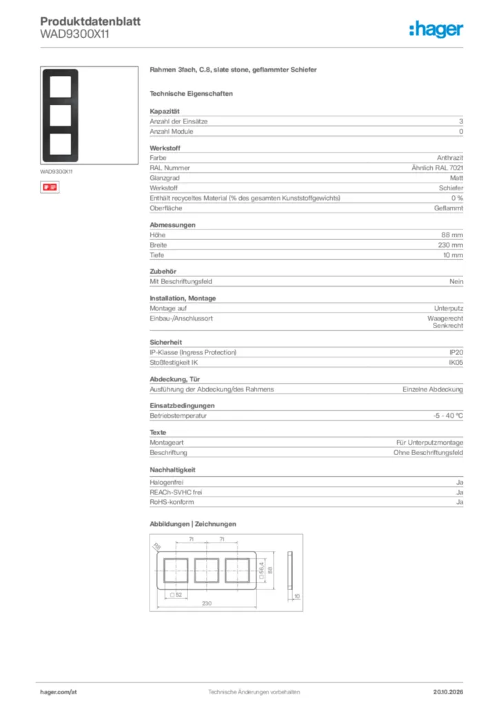 Bild Hager Produktdatenblatt WAD9300X11 | Hager Deutschland