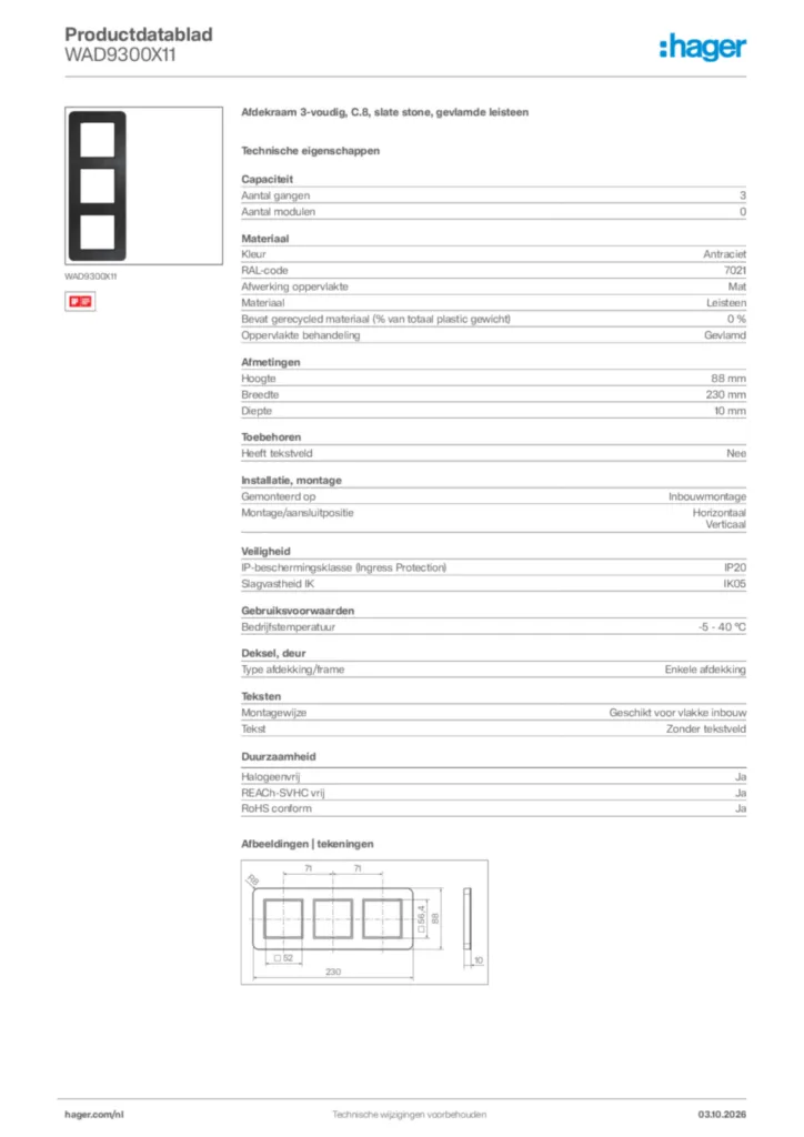 Afbeelding Hager Productdatablad WAD9300X11 | Hager Nederland