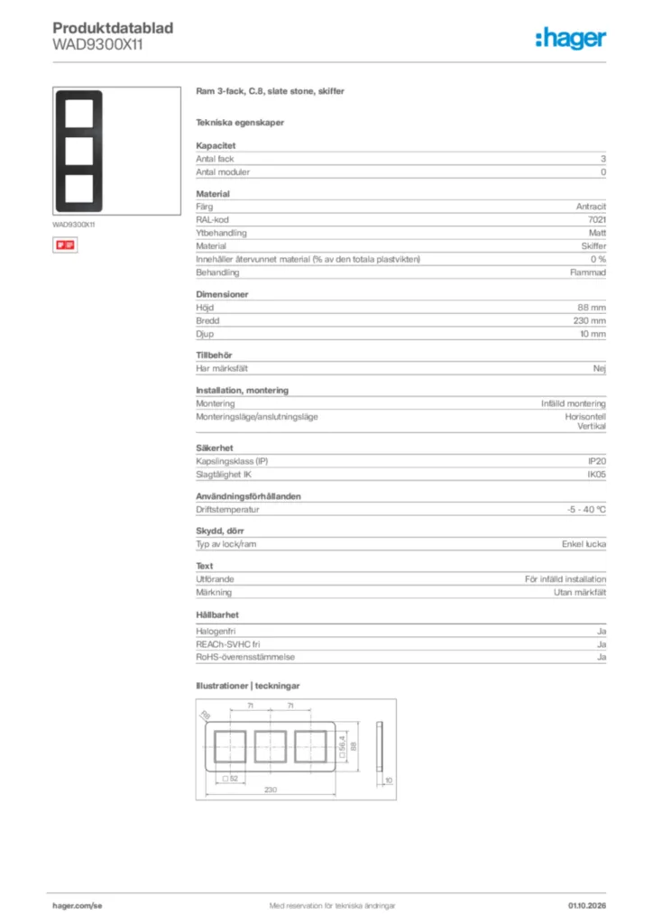 Bild Hager Produktdatablad WAD9300X11 | Hager Sverige