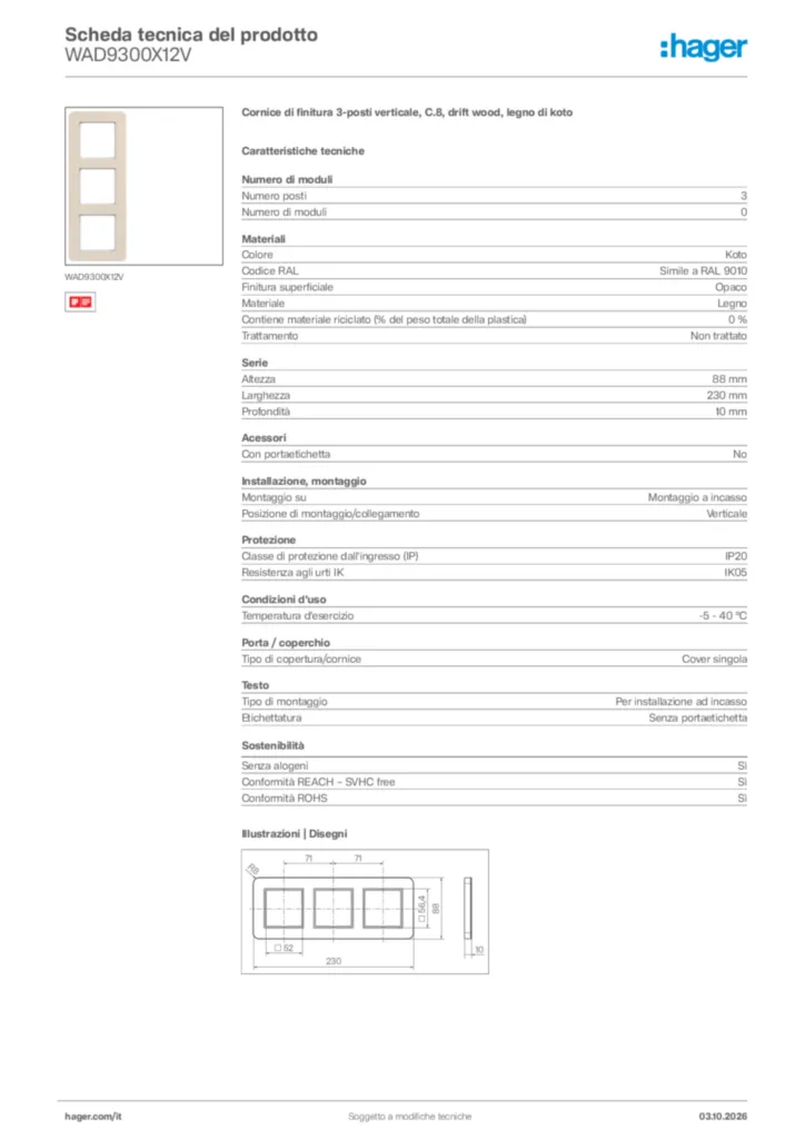 Immagine Hager Scheda tecnica del prodotto WAD9300X12V | Hager Italia