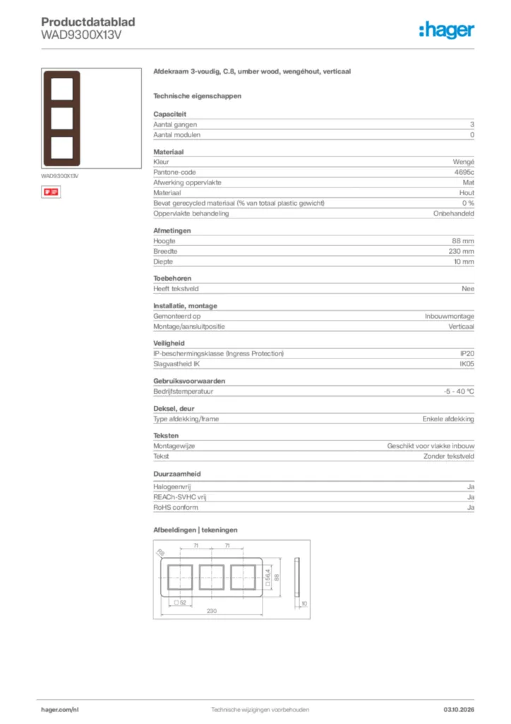 Afbeelding Hager Productdatablad WAD9300X13V | Hager Nederland