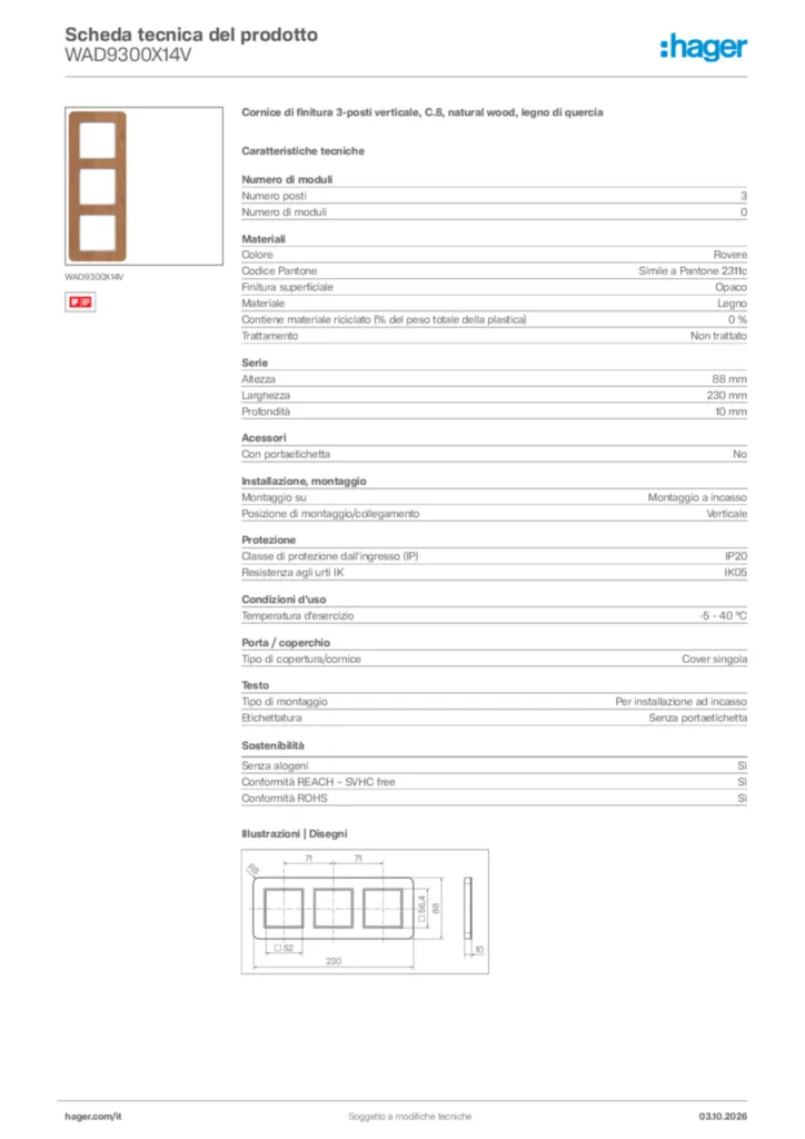 Immagine Hager Scheda tecnica del prodotto WAD9300X14V | Hager Italia