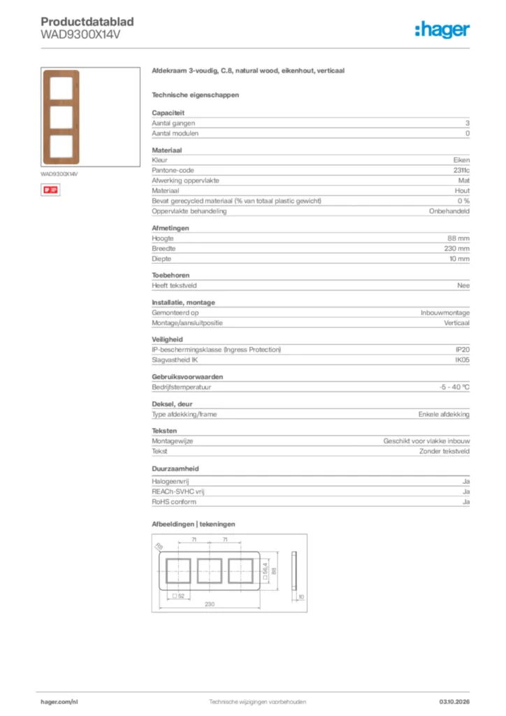 Afbeelding Hager Productdatablad WAD9300X14V | Hager Nederland