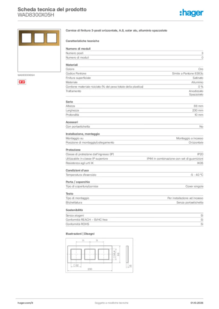 Immagine Hager Scheda tecnica del prodotto WAD8300X05H | Hager Italia