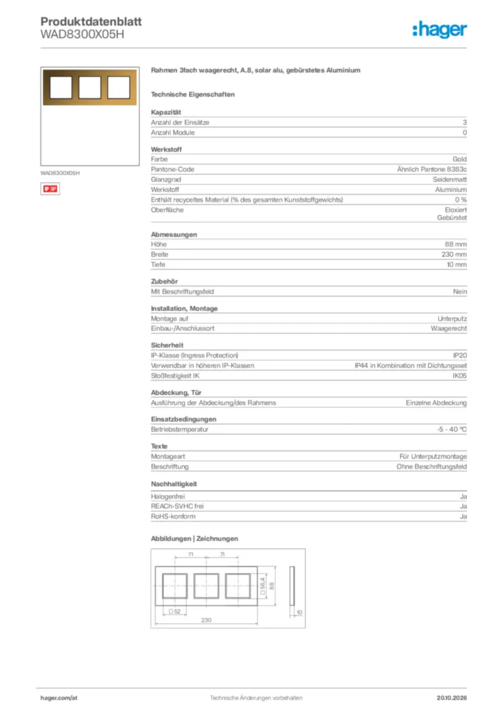Bild Hager Produktdatenblatt WAD8300X05H | Hager Deutschland