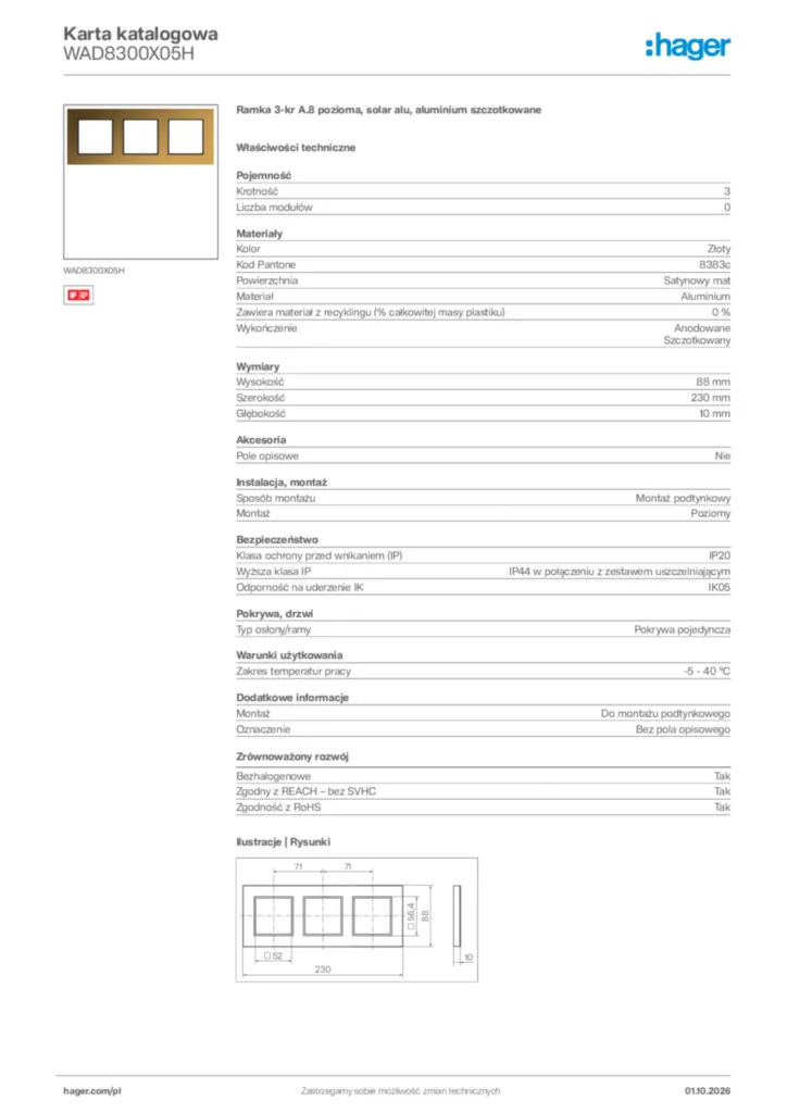 Zdjęcie Hager Karta katalogowa WAD8300X05H | Hager Polska