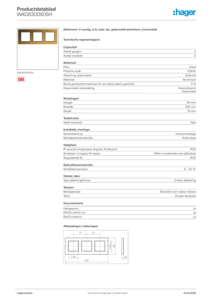 Afbeelding Hager Productdatablad WAD8300X05H | Hager Nederland