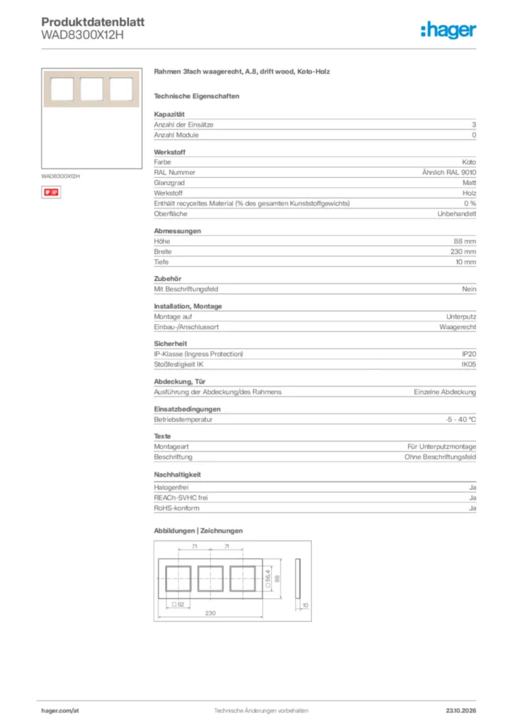 Bild Hager Produktdatenblatt WAD8300X12H | Hager Deutschland