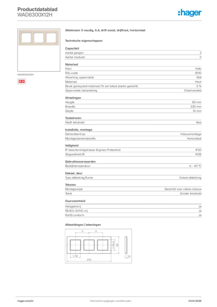 Afbeelding Hager Productdatablad WAD8300X12H | Hager Nederland