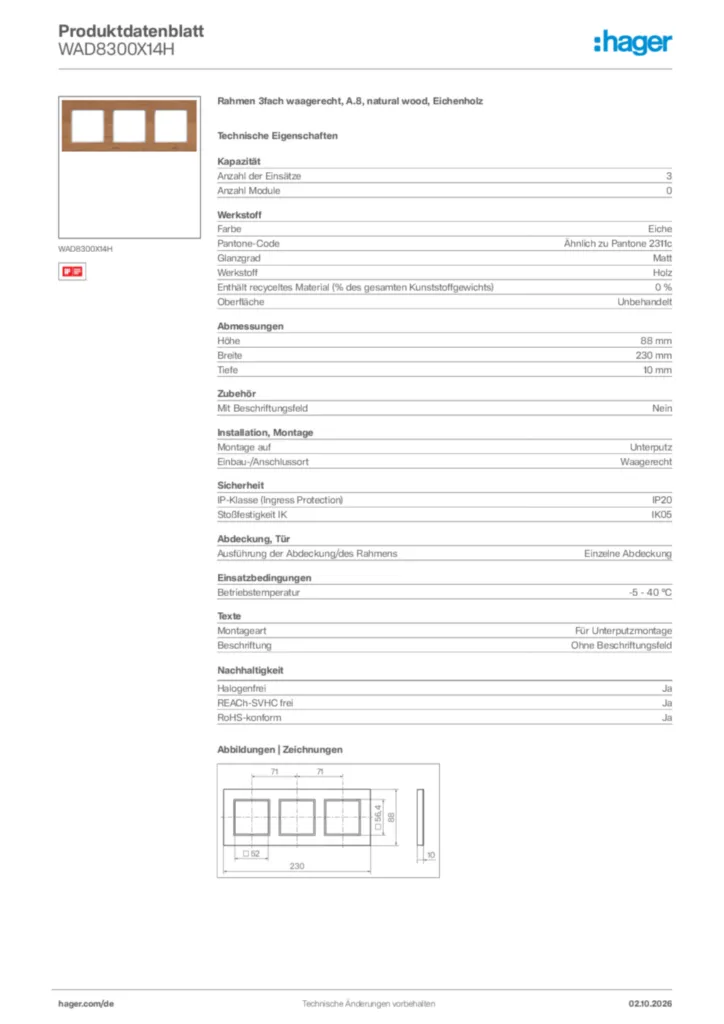 Bild Hager Produktdatenblatt WAD8300X14H | Hager Deutschland
