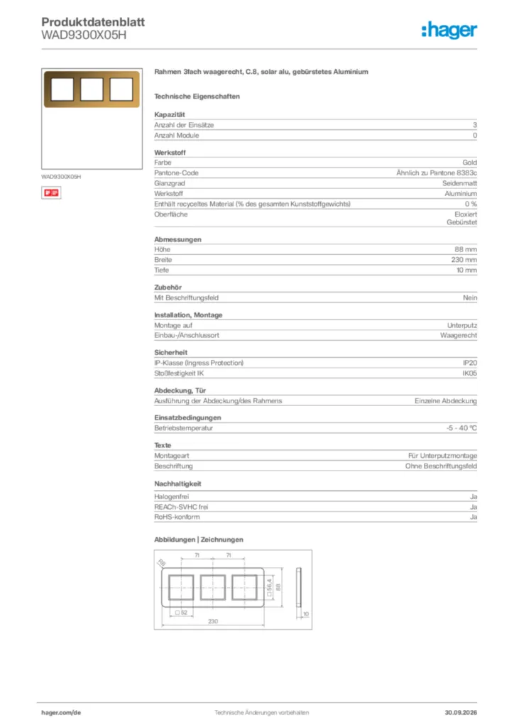 Bild Hager Produktdatenblatt WAD9300X05H | Hager Deutschland