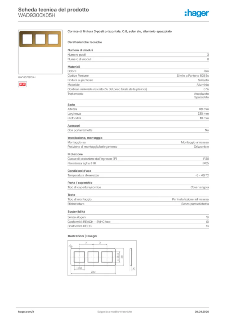 Immagine Hager Scheda tecnica del prodotto WAD9300X05H | Hager Italia