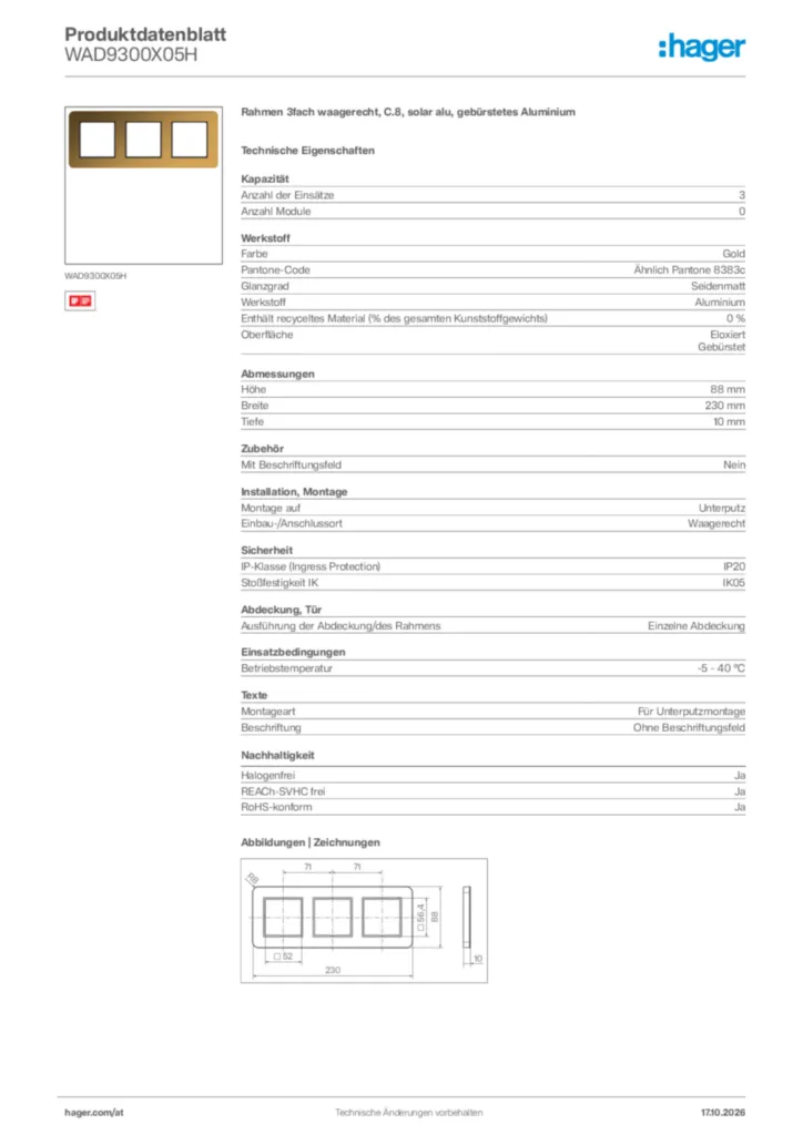 Bild Hager Produktdatenblatt WAD9300X05H | Hager Deutschland