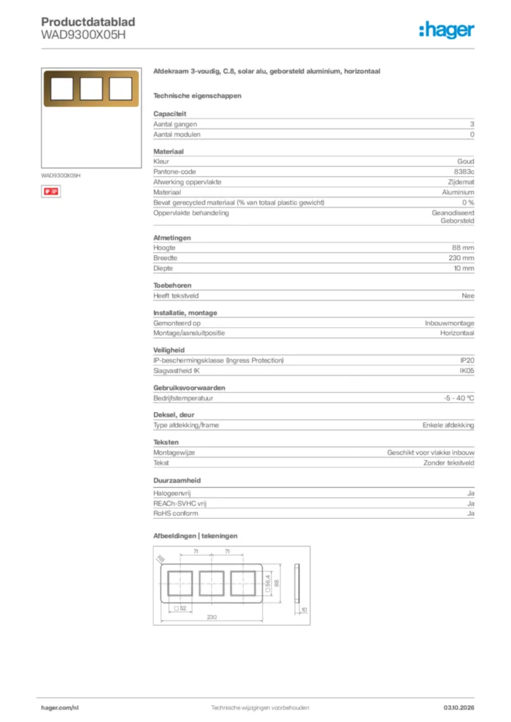 Afbeelding Hager Productdatablad WAD9300X05H | Hager Nederland
