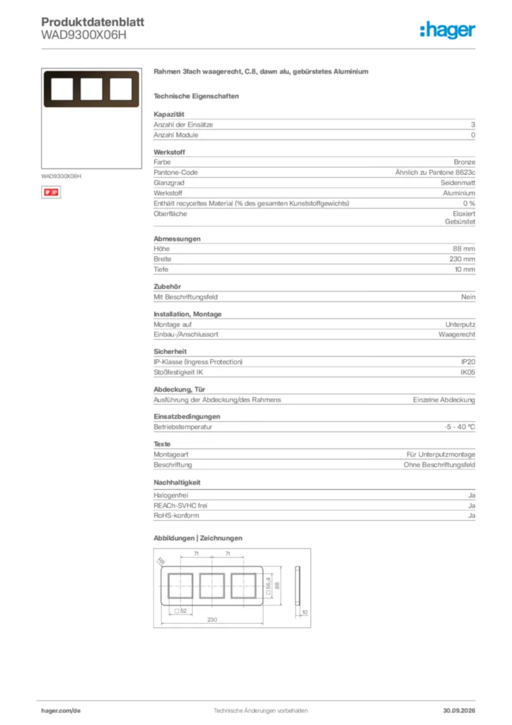 Bild Hager Produktdatenblatt WAD9300X06H | Hager Deutschland