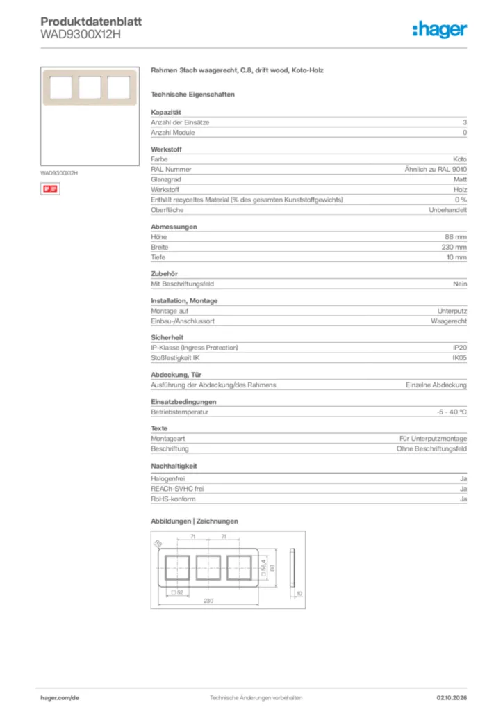 Bild Hager Produktdatenblatt WAD9300X12H | Hager Deutschland