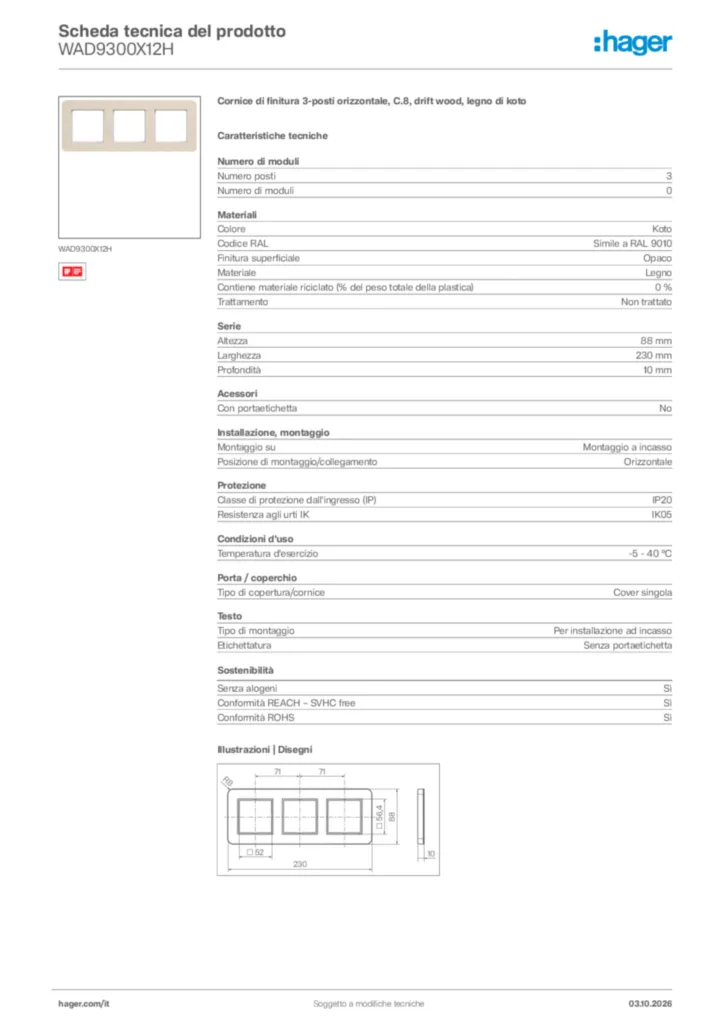 Immagine Hager Scheda tecnica del prodotto WAD9300X12H | Hager Italia