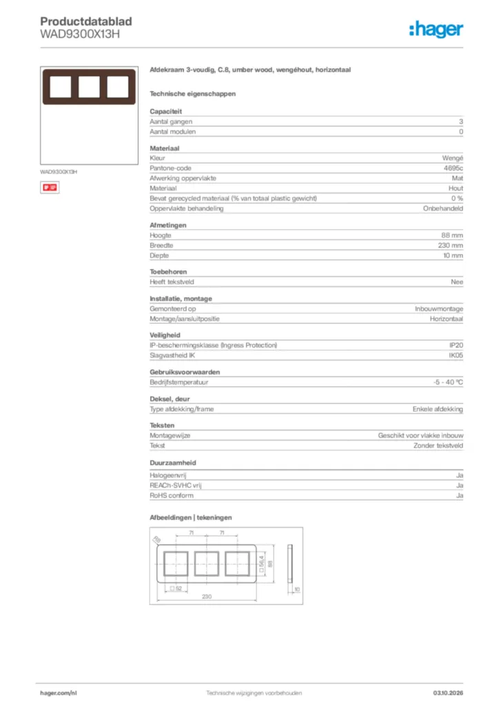Afbeelding Hager Productdatablad WAD9300X13H | Hager Nederland