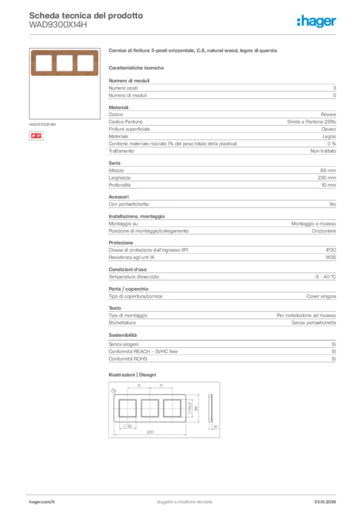 Immagine Hager Scheda tecnica del prodotto WAD9300X14H | Hager Italia