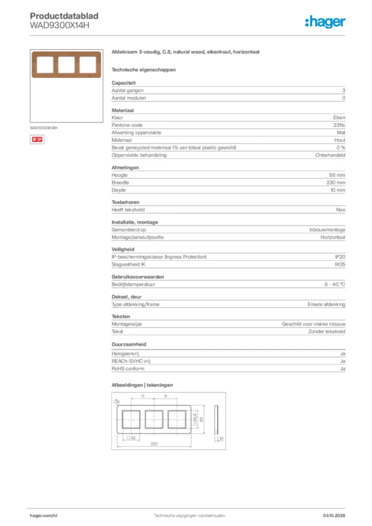 Afbeelding Hager Productdatablad WAD9300X14H | Hager Nederland