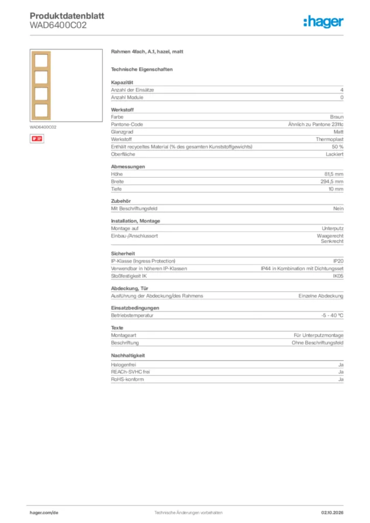 Bild Hager Produktdatenblatt WAD6400C02 | Hager Deutschland