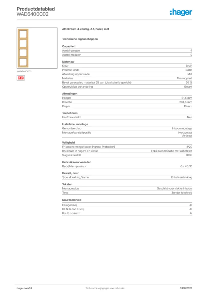 Afbeelding Hager Productdatablad WAD6400C02 | Hager Nederland