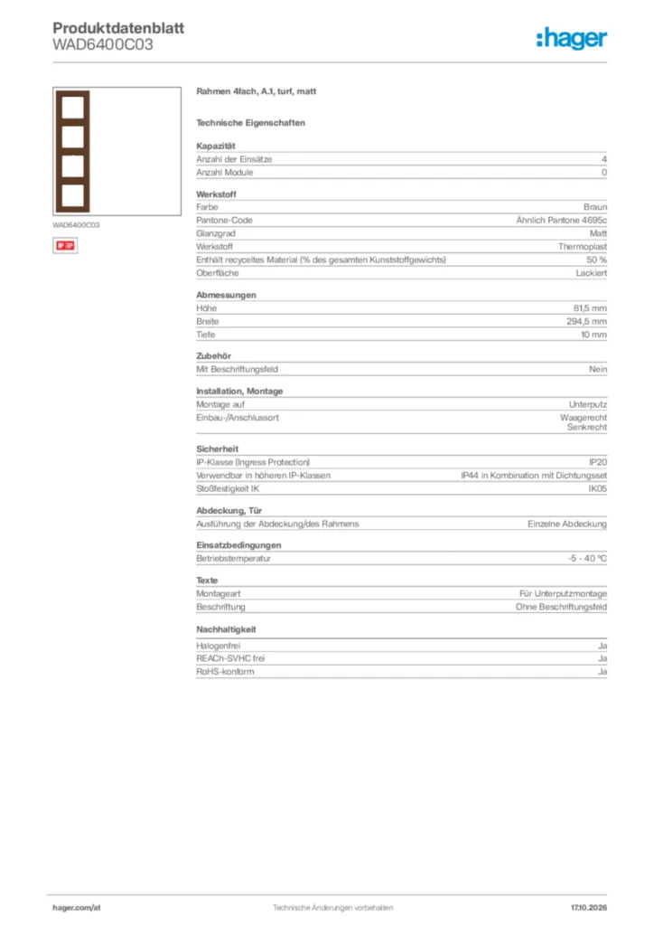 Bild Hager Produktdatenblatt WAD6400C03 | Hager Deutschland