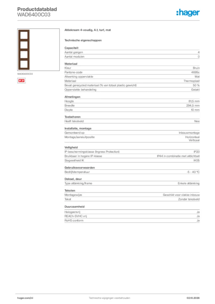 Afbeelding Hager Productdatablad WAD6400C03 | Hager Nederland